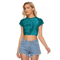 Hawaiian Turtle and Shark Raglan Cropped T Shirt Kakau Tribal with Polynesian Pattern Turquoise Color LT03 Female Turquoise - Polynesian Pride