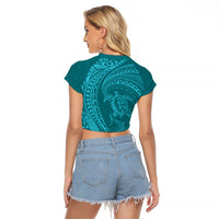 Hawaiian Turtle and Shark Raglan Cropped T Shirt Kakau Tribal with Polynesian Pattern Turquoise Color LT03 - Polynesian Pride