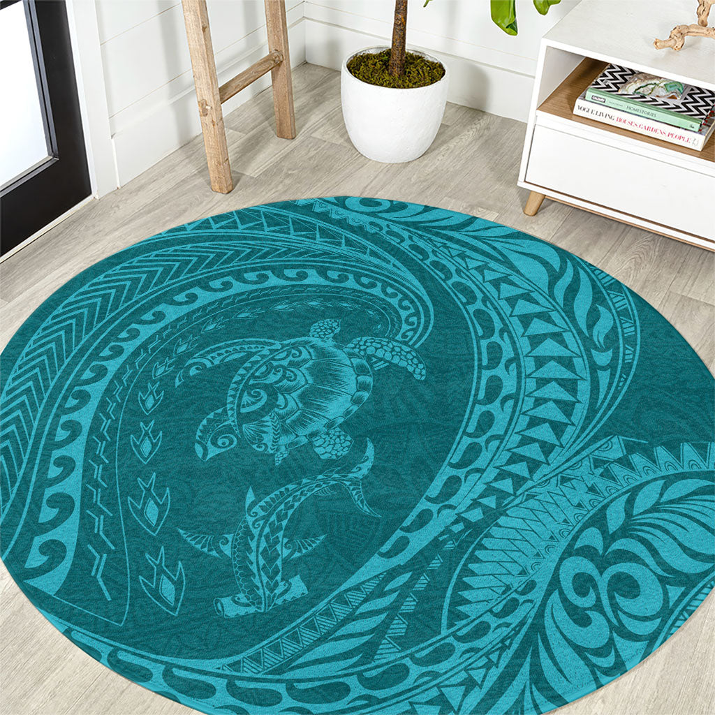 Hawaiian Turtle and Shark Round Carpet Kakau Tribal with Polynesian Pattern Turquoise Color LT03 Turquoise - Polynesian Pride