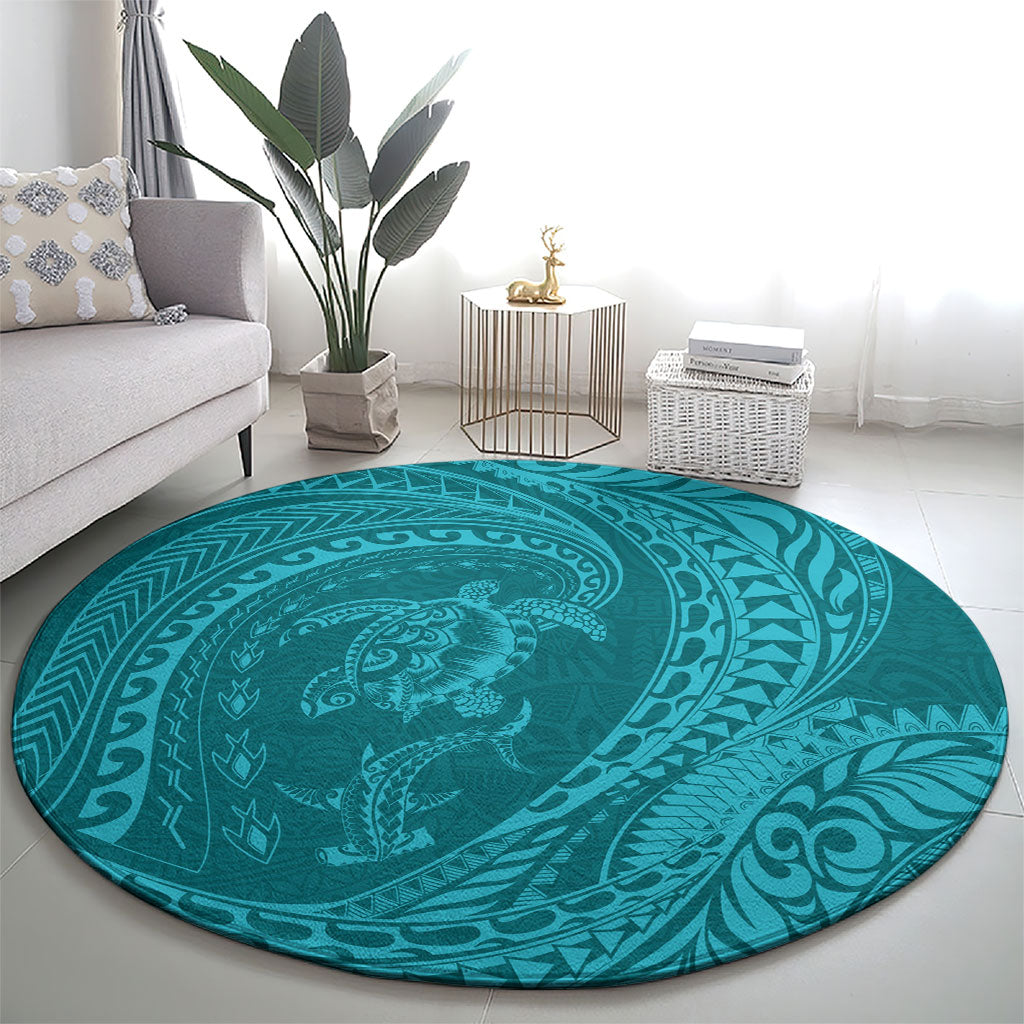 Hawaiian Turtle and Shark Round Carpet Kakau Tribal with Polynesian Pattern Turquoise Color LT03 - Polynesian Pride