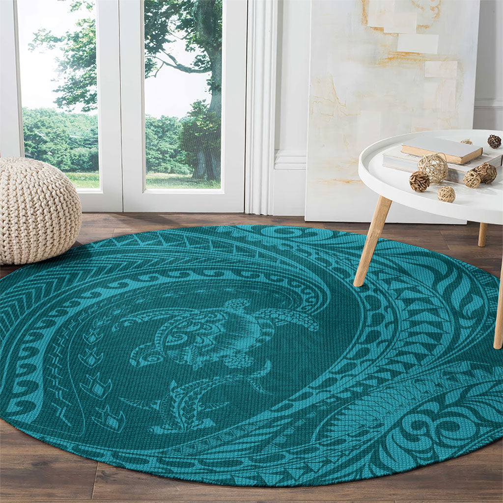 Hawaiian Turtle and Shark Round Carpet Kakau Tribal with Polynesian Pattern Turquoise Color LT03 - Polynesian Pride