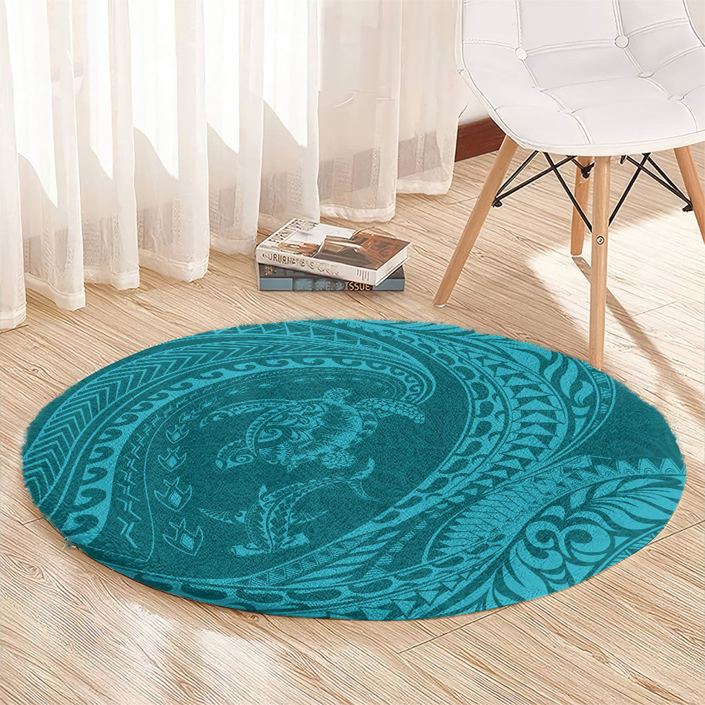 Hawaiian Turtle and Shark Round Carpet Kakau Tribal with Polynesian Pattern Turquoise Color LT03 - Polynesian Pride