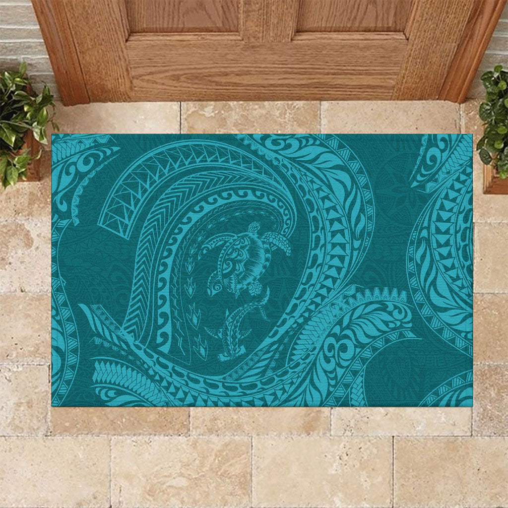 Hawaiian Turtle and Shark Rubber Doormat Kakau Tribal with Polynesian Pattern Turquoise Color LT03 Turquoise - Polynesian Pride
