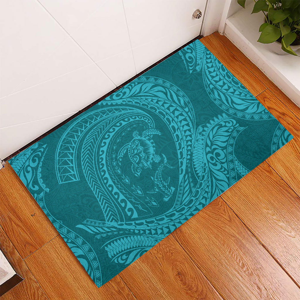 Hawaiian Turtle and Shark Rubber Doormat Kakau Tribal with Polynesian Pattern Turquoise Color LT03 - Polynesian Pride