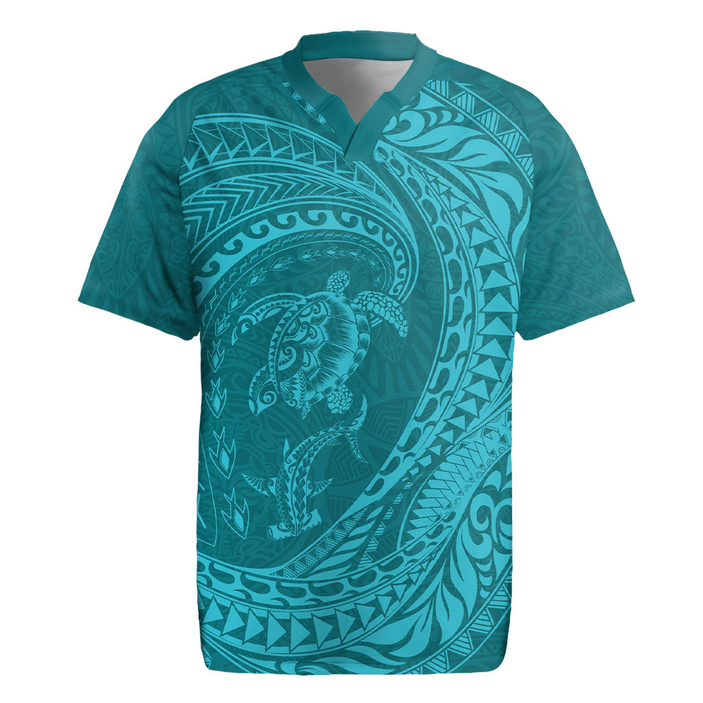Hawaiian Turtle and Shark Rugby Jersey Kakau Tribal with Polynesian Pattern Turquoise Color LT03 Turquoise - Polynesian Pride