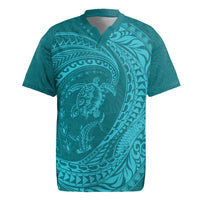 Hawaiian Turtle and Shark Rugby Jersey Kakau Tribal with Polynesian Pattern Turquoise Color LT03 Turquoise - Polynesian Pride