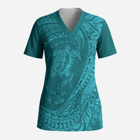 Hawaiian Turtle and Shark Scrub Top Kakau Tribal with Polynesian Pattern Turquoise Color LT03 Adult Turquoise - Polynesian Pride