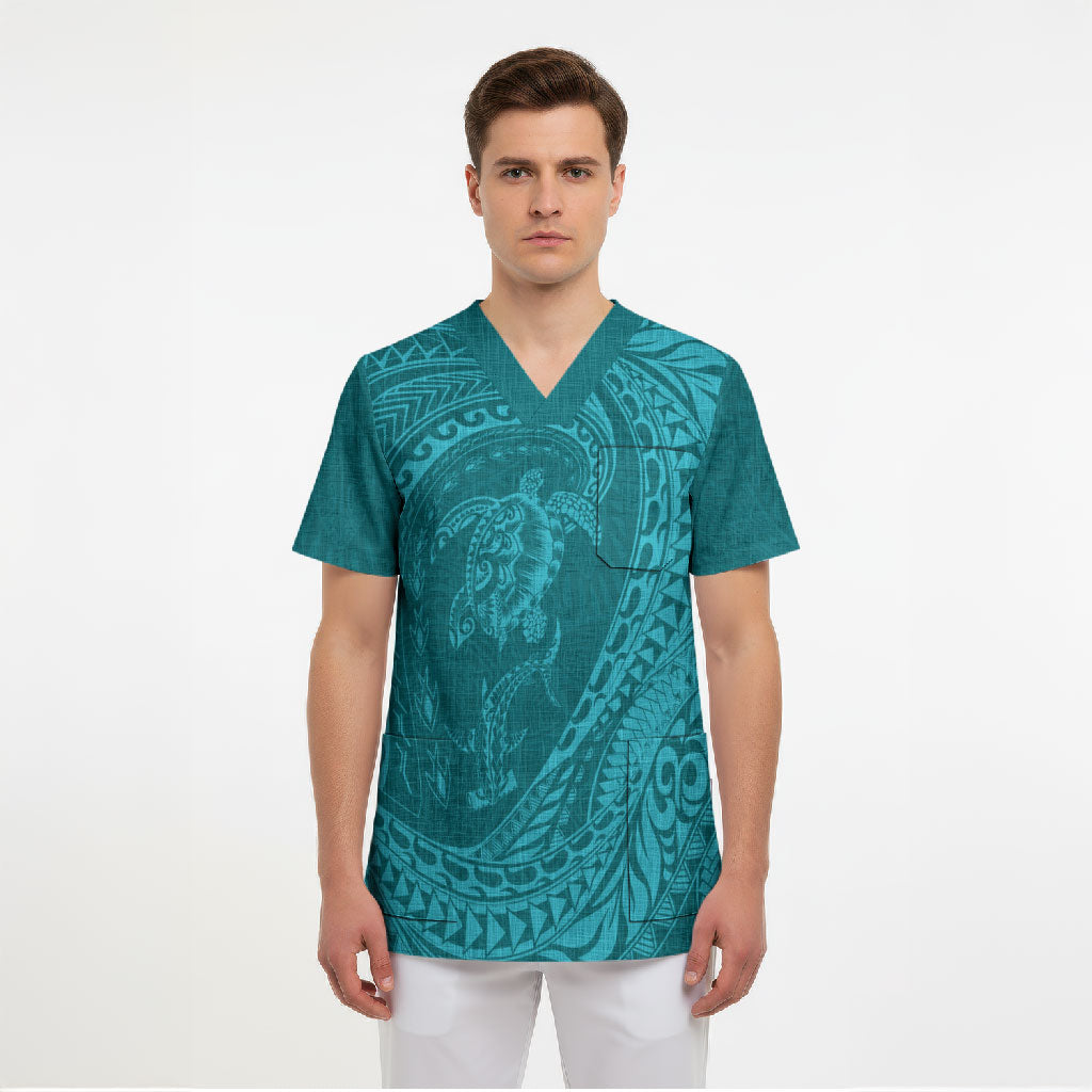 Hawaiian Turtle and Shark Scrub Top Kakau Tribal with Polynesian Pattern Turquoise Color LT03 - Polynesian Pride