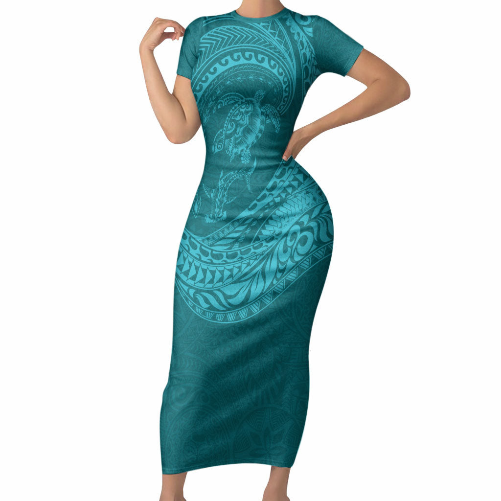 Hawaiian Turtle and Shark Short Sleeve Bodycon Dress Kakau Tribal with Polynesian Pattern Turquoise Color LT03 Long Dress Turquoise - Polynesian Pride