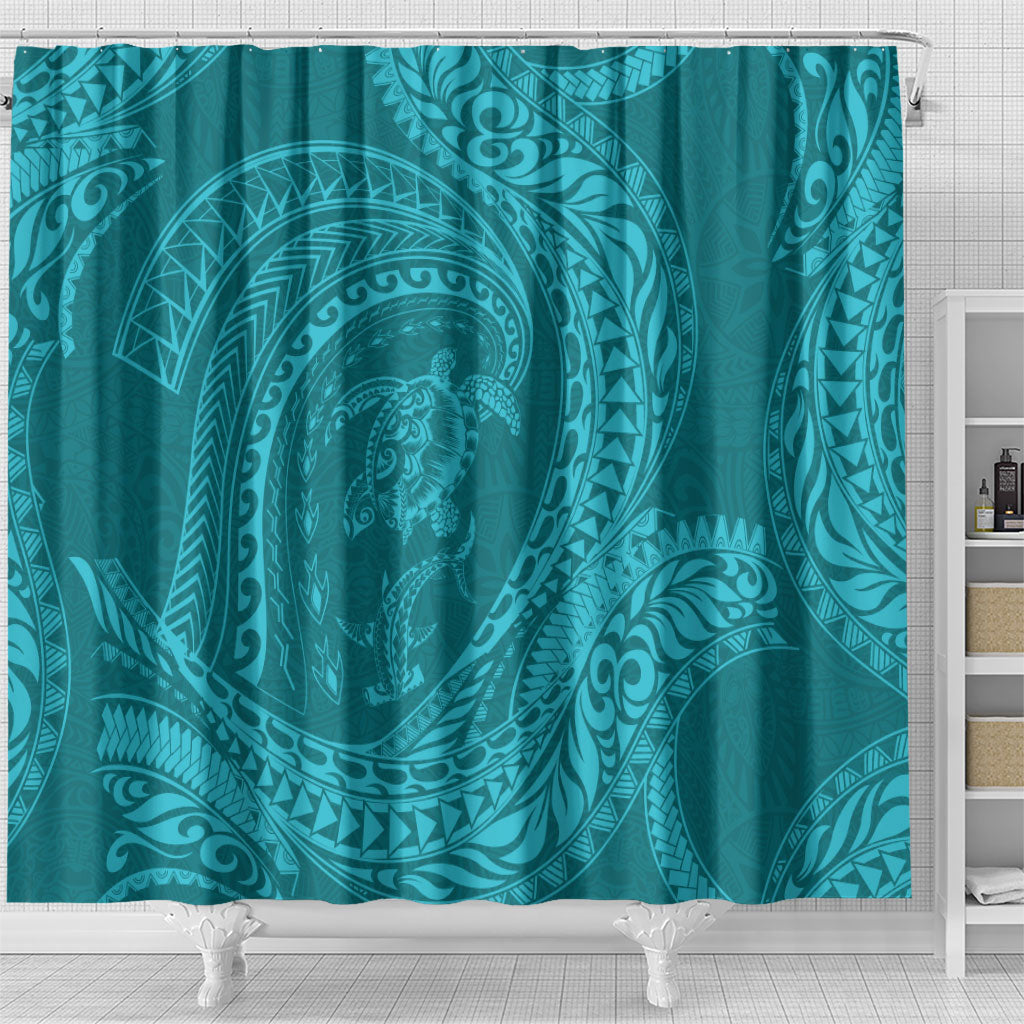 Hawaiian Turtle and Shark Shower Curtain Kakau Tribal with Polynesian Pattern Turquoise Color LT03 - Polynesian Pride