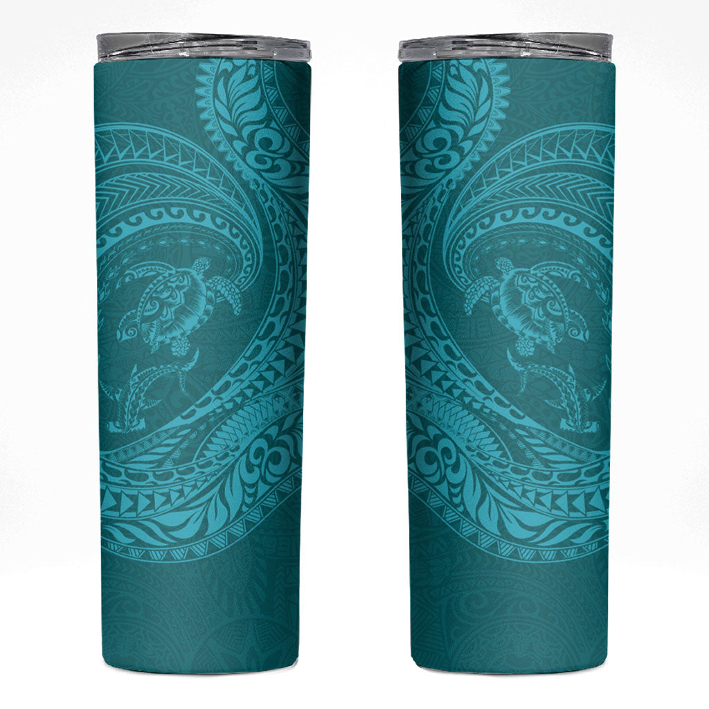 Hawaiian Turtle and Shark Skinny Tumbler Kakau Tribal with Polynesian Pattern Turquoise Color LT03 Turquoise - Polynesian Pride