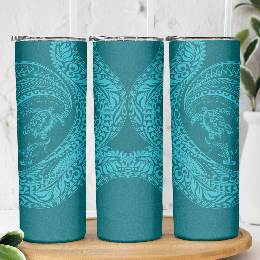 Hawaiian Turtle and Shark Skinny Tumbler Kakau Tribal with Polynesian Pattern Turquoise Color LT03 - Polynesian Pride