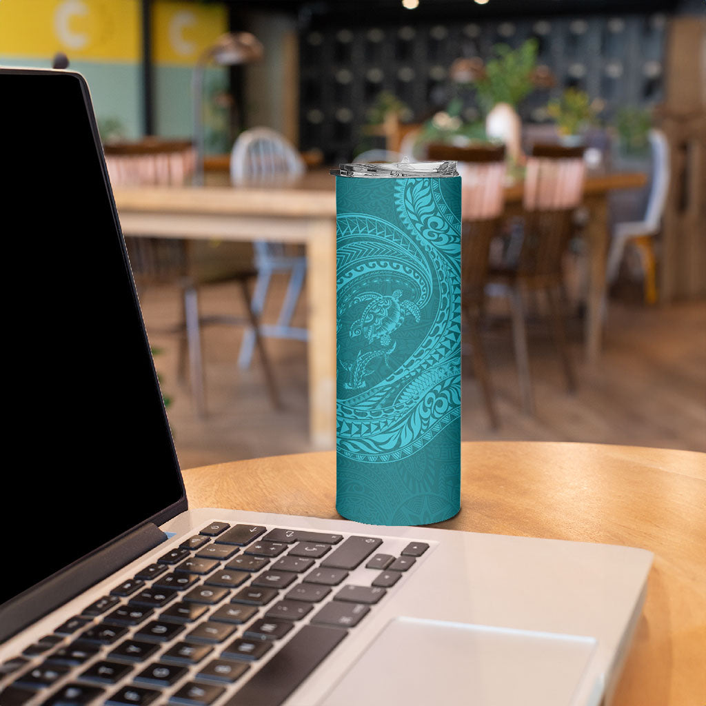 Hawaiian Turtle and Shark Skinny Tumbler Kakau Tribal with Polynesian Pattern Turquoise Color LT03 - Polynesian Pride