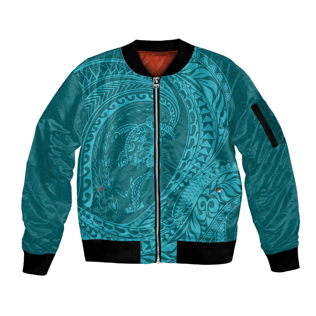 Hawaiian Turtle and Shark Sleeve Zip Bomber Jacket Kakau Tribal with Polynesian Pattern Turquoise Color LT03 Unisex Turquoise - Polynesian Pride