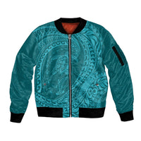 Hawaiian Turtle and Shark Sleeve Zip Bomber Jacket Kakau Tribal with Polynesian Pattern Turquoise Color LT03 Unisex Turquoise - Polynesian Pride