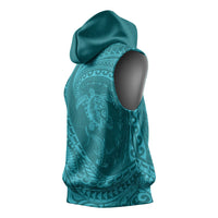 Hawaiian Turtle and Shark Sleeveless Hoodie Kakau Tribal with Polynesian Pattern Turquoise Color LT03 - Polynesian Pride
