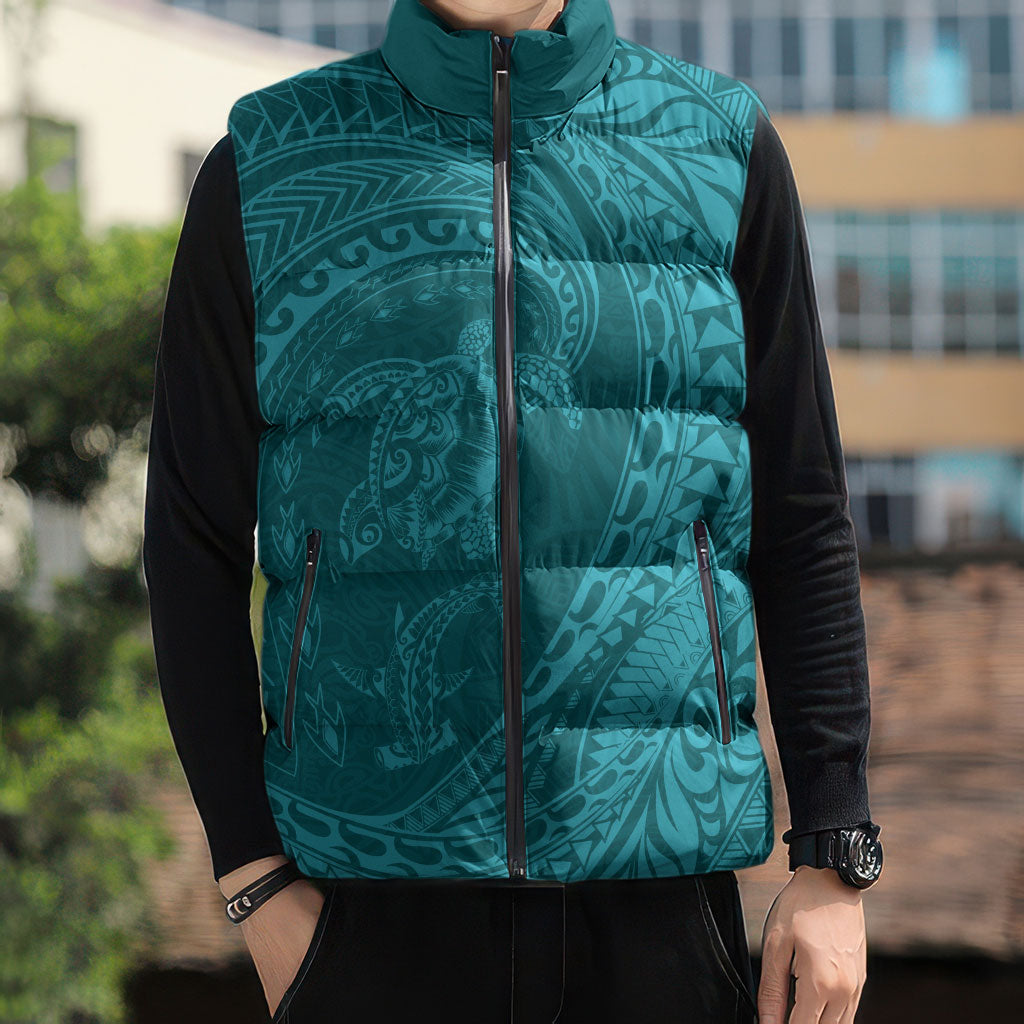 Hawaiian Turtle and Shark Sleeveless Puffer Jacket Kakau Tribal with Polynesian Pattern Turquoise Color LT03 - Polynesian Pride