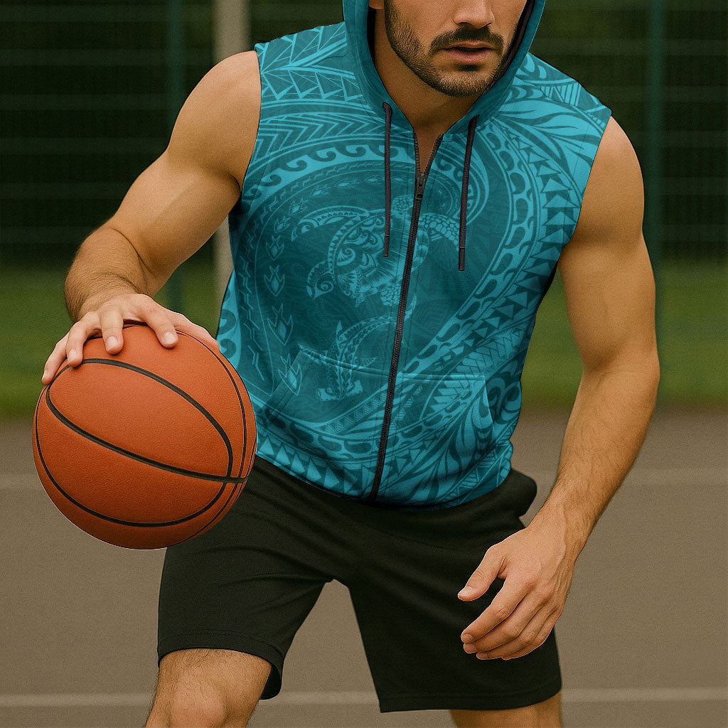 Hawaiian Turtle and Shark Sleeveless Zip Hoodie Kakau Tribal with Polynesian Pattern Turquoise Color LT03 - Polynesian Pride
