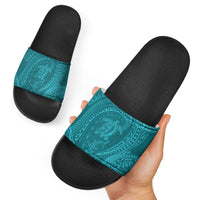 Hawaiian Turtle and Shark Slide Sandals Kakau Tribal with Polynesian Pattern Turquoise Color LT03 - Polynesian Pride