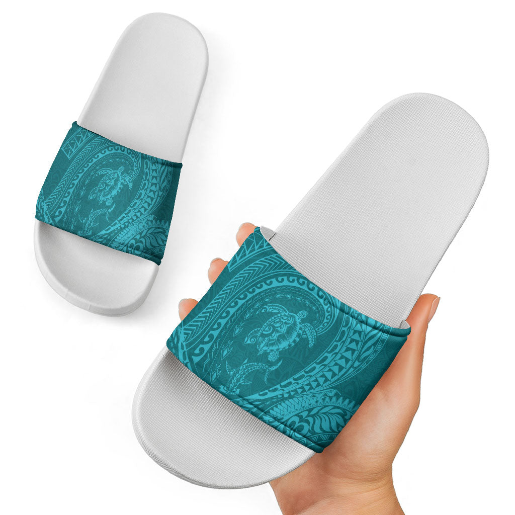 Hawaiian Turtle and Shark Slide Sandals Kakau Tribal with Polynesian Pattern Turquoise Color LT03 - Polynesian Pride