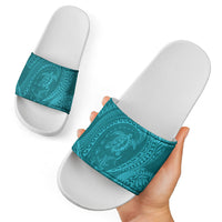 Hawaiian Turtle and Shark Slide Sandals Kakau Tribal with Polynesian Pattern Turquoise Color LT03 - Polynesian Pride