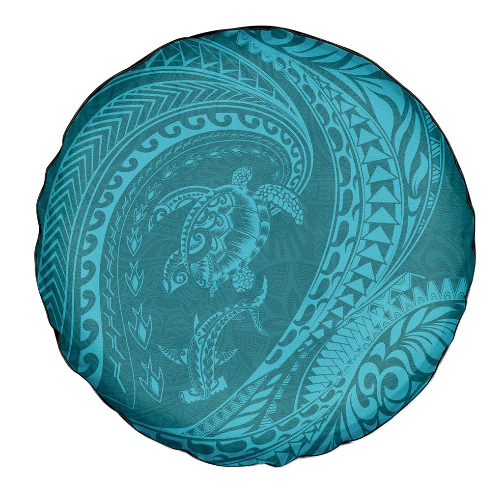 Hawaiian Turtle and Shark Spare Tire Cover Kakau Tribal with Polynesian Pattern Turquoise Color LT03 - Polynesian Pride