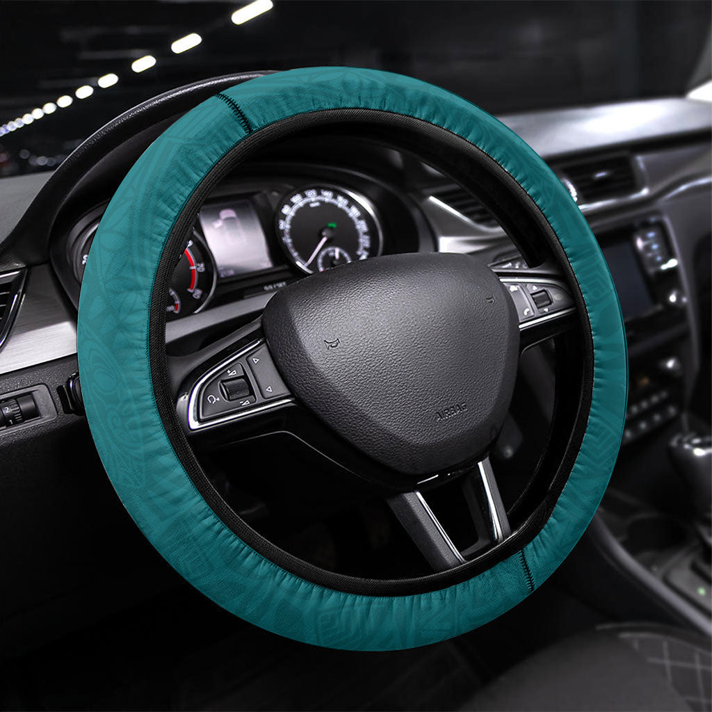 Hawaiian Turtle and Shark Steering Wheel Cover Kakau Tribal with Polynesian Pattern Turquoise Color LT03 Universal Fit Turquoise - Polynesian Pride