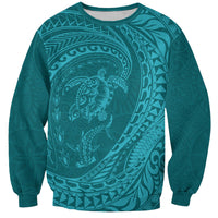 Hawaiian Turtle and Shark Sweatshirt Kakau Tribal with Polynesian Pattern Turquoise Color LT03 Unisex Turquoise - Polynesian Pride