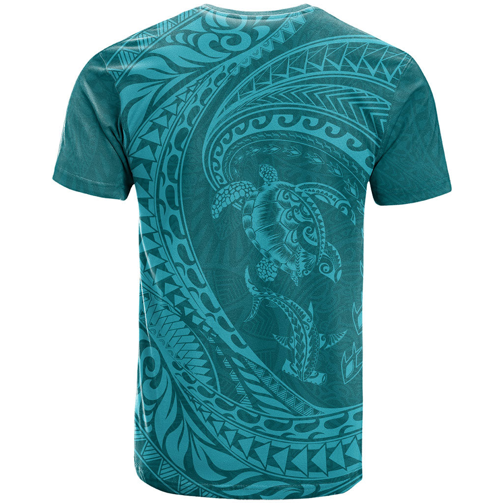 Hawaiian Turtle and Shark T Shirt Kakau Tribal with Polynesian Pattern Turquoise Color LT03 - Polynesian Pride