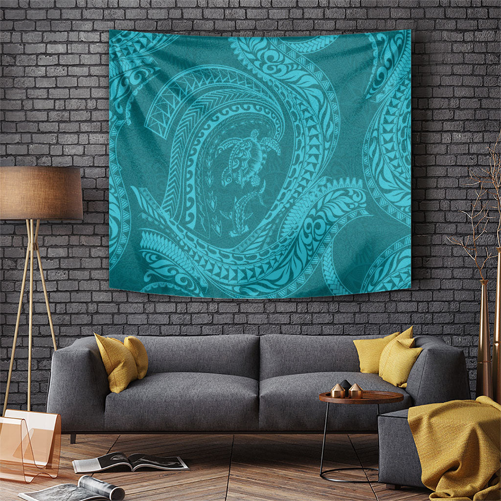 Hawaiian Turtle and Shark Tapestry Kakau Tribal with Polynesian Pattern Turquoise Color LT03 Turquoise - Polynesian Pride