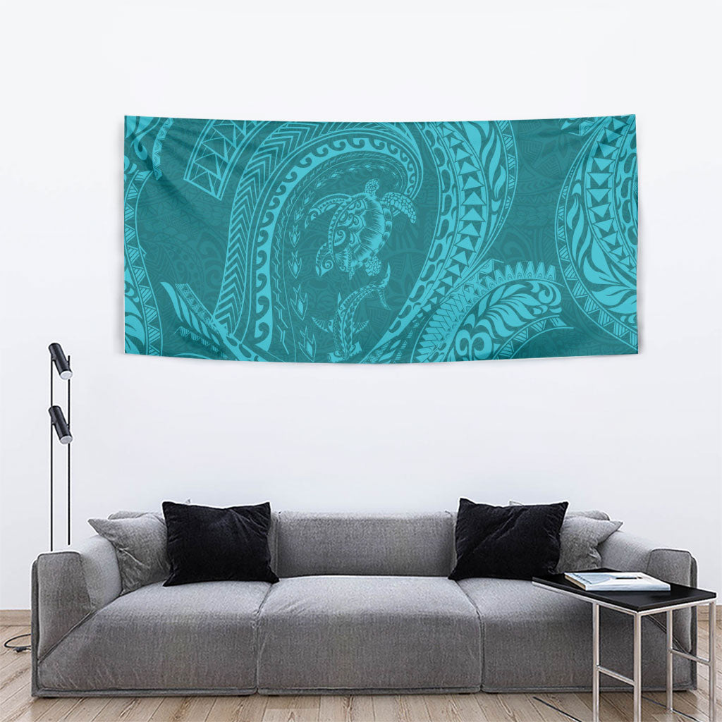 Hawaiian Turtle and Shark Tapestry Kakau Tribal with Polynesian Pattern Turquoise Color LT03 - Polynesian Pride
