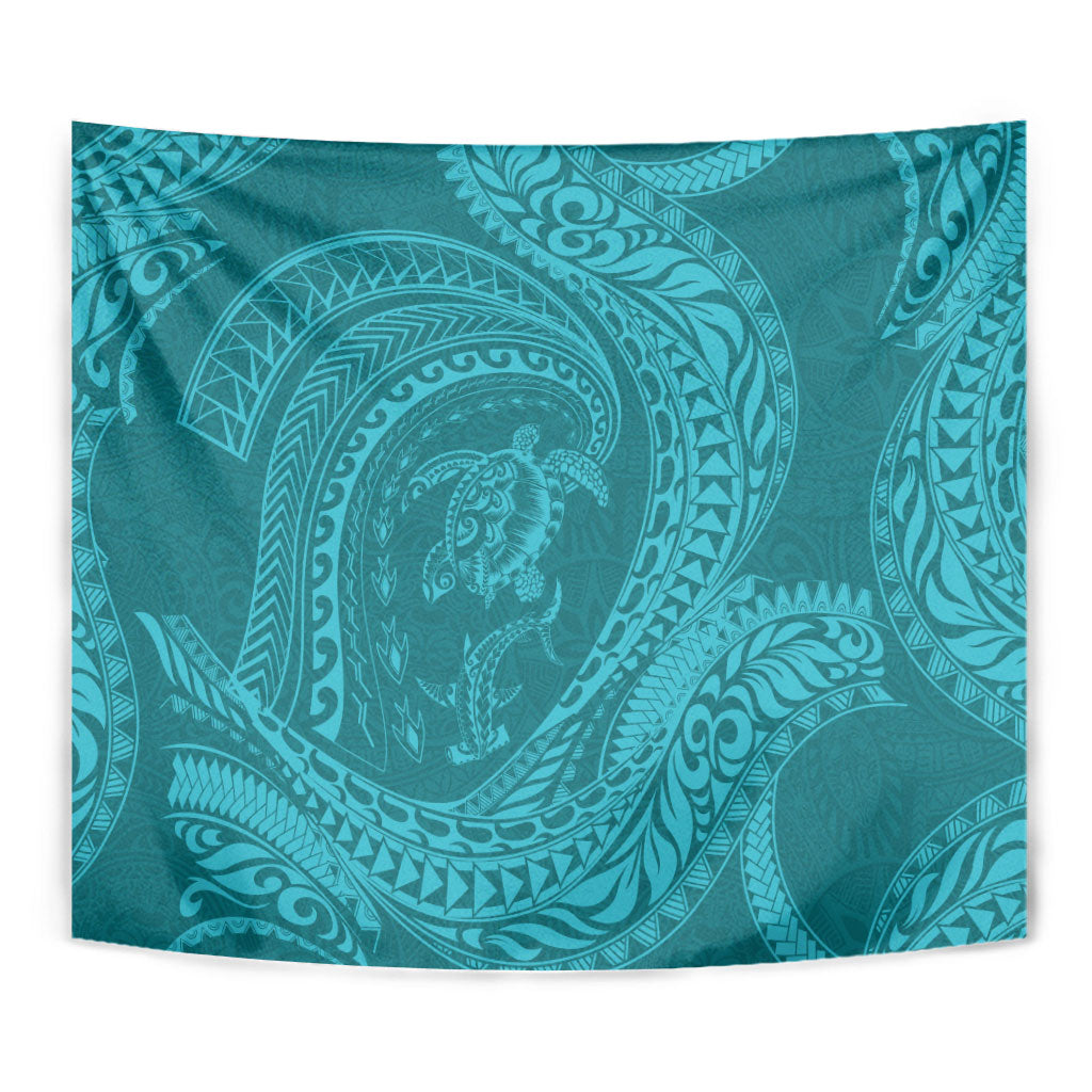 Hawaiian Turtle and Shark Tapestry Kakau Tribal with Polynesian Pattern Turquoise Color LT03 - Polynesian Pride