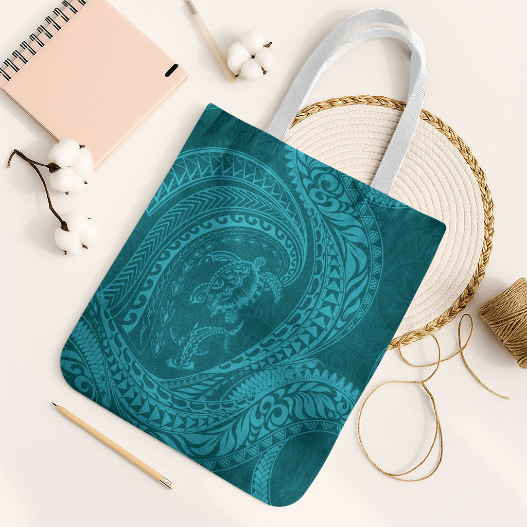 Hawaiian Turtle and Shark Tote Bag Kakau Tribal with Polynesian Pattern Turquoise Color LT03 White Strap One Size Turquoise - Polynesian Pride