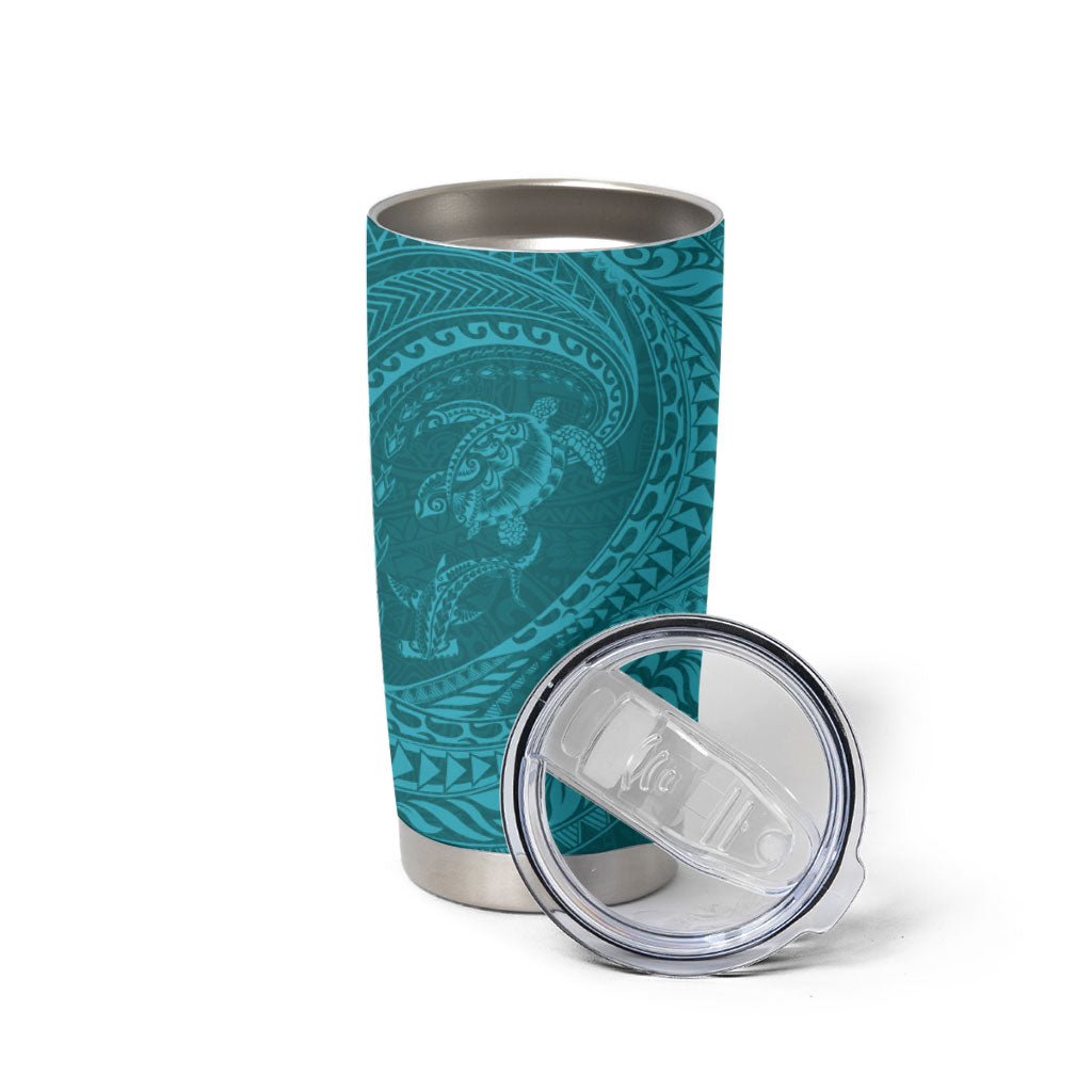 Hawaiian Turtle and Shark Tumbler Cup Kakau Tribal with Polynesian Pattern Turquoise Color LT03 - Polynesian Pride