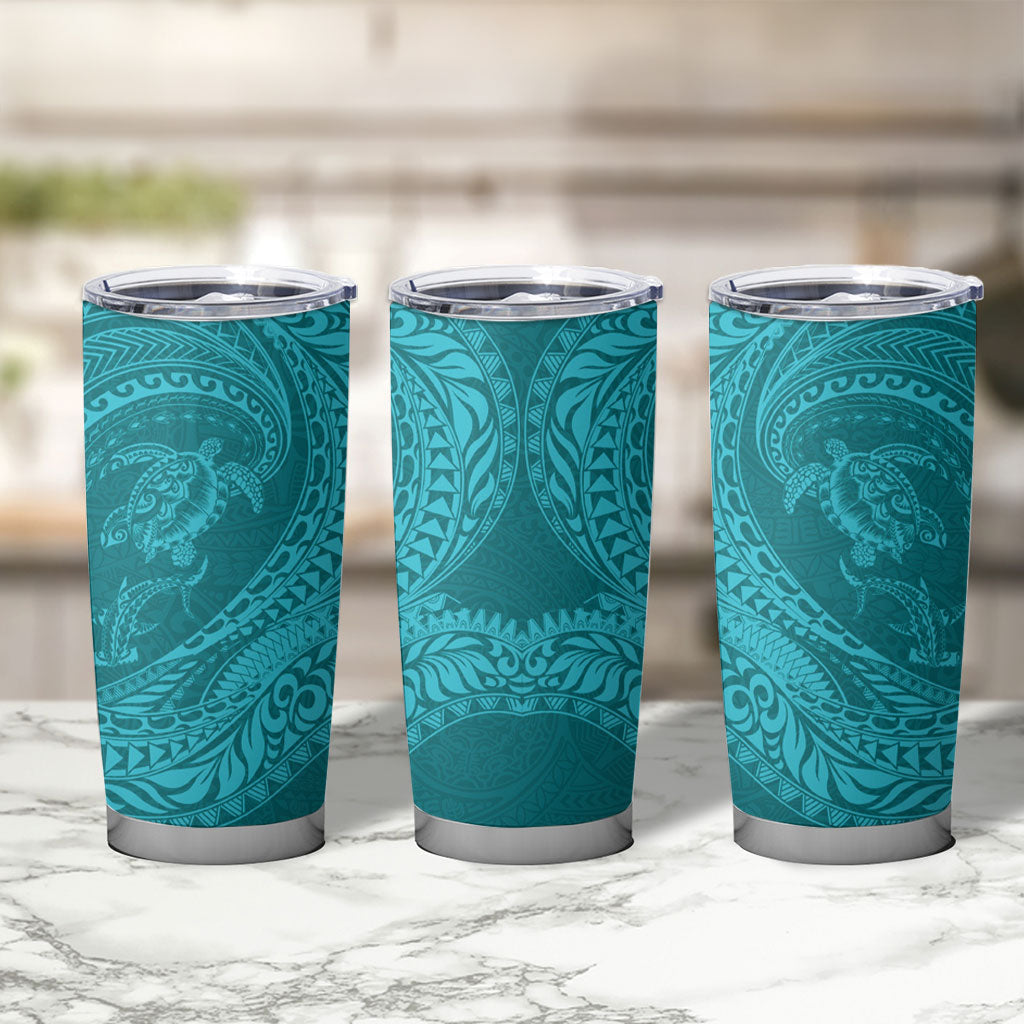 Hawaiian Turtle and Shark Tumbler Cup Kakau Tribal with Polynesian Pattern Turquoise Color LT03 - Polynesian Pride