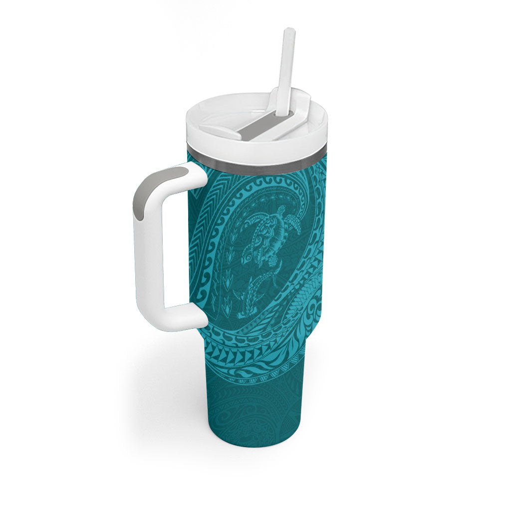 Hawaiian Turtle and Shark Tumbler With Handle Kakau Tribal with Polynesian Pattern Turquoise Color LT03 - Polynesian Pride