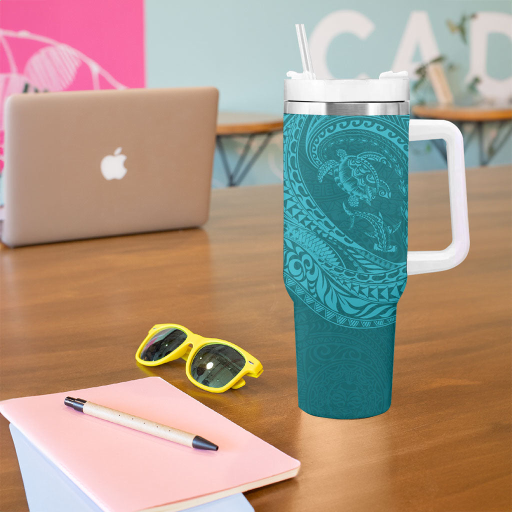 Hawaiian Turtle and Shark Tumbler With Handle Kakau Tribal with Polynesian Pattern Turquoise Color LT03 - Polynesian Pride