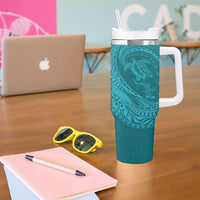 Hawaiian Turtle and Shark Tumbler With Handle Kakau Tribal with Polynesian Pattern Turquoise Color LT03 - Polynesian Pride