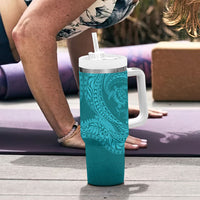 Hawaiian Turtle and Shark Tumbler With Handle Kakau Tribal with Polynesian Pattern Turquoise Color LT03 - Polynesian Pride