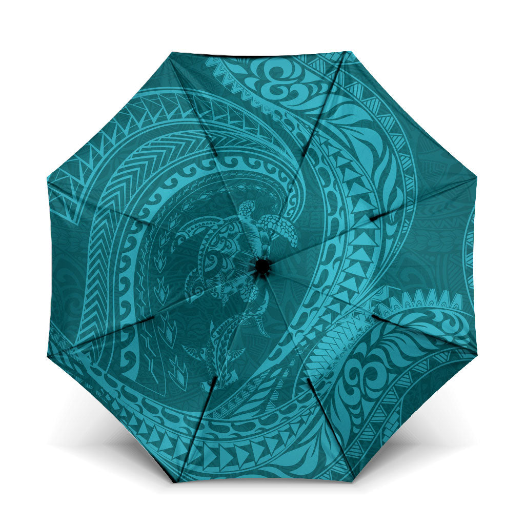 Hawaiian Turtle and Shark Umbrella Kakau Tribal with Polynesian Pattern Turquoise Color LT03 One Size Folded 11.42 inch Opened Diameter 37.4 inch Turquoise - Polynesian Pride