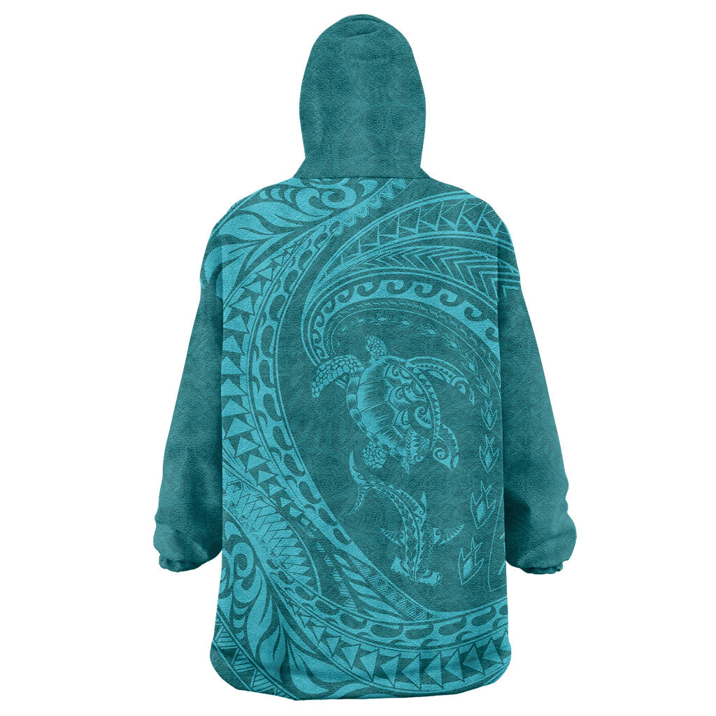 Hawaiian Turtle and Shark Wearable Blanket Hoodie Kakau Tribal with Polynesian Pattern Turquoise Color LT03 - Polynesian Pride