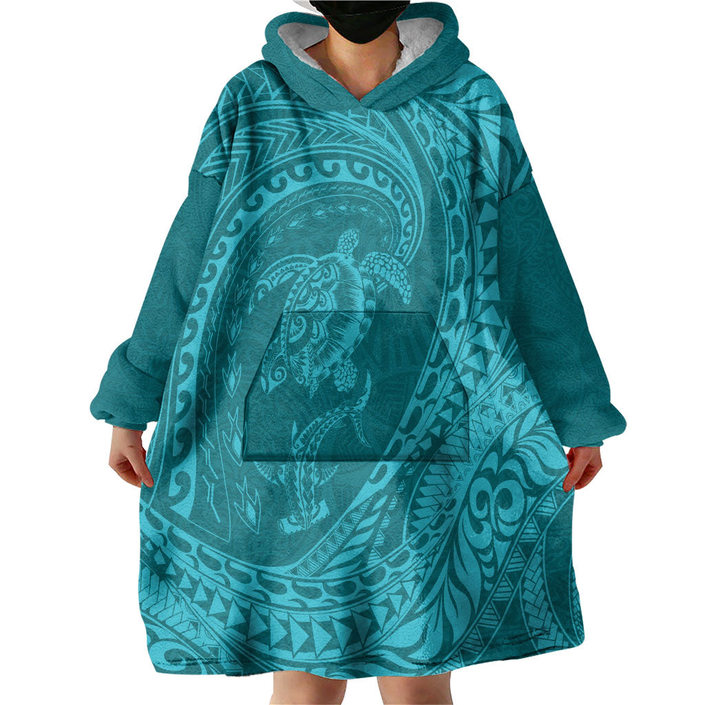 Hawaiian Turtle and Shark Wearable Blanket Hoodie Kakau Tribal with Polynesian Pattern Turquoise Color LT03 - Polynesian Pride