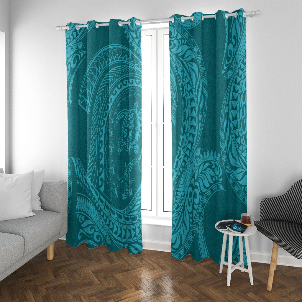 Hawaiian Turtle and Shark Window Curtain Kakau Tribal with Polynesian Pattern Turquoise Color LT03 With Grommets Turquoise - Polynesian Pride