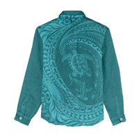 Hawaiian Turtle and Shark Women Casual Shirt Kakau Tribal with Polynesian Pattern Turquoise Color LT03 - Polynesian Pride