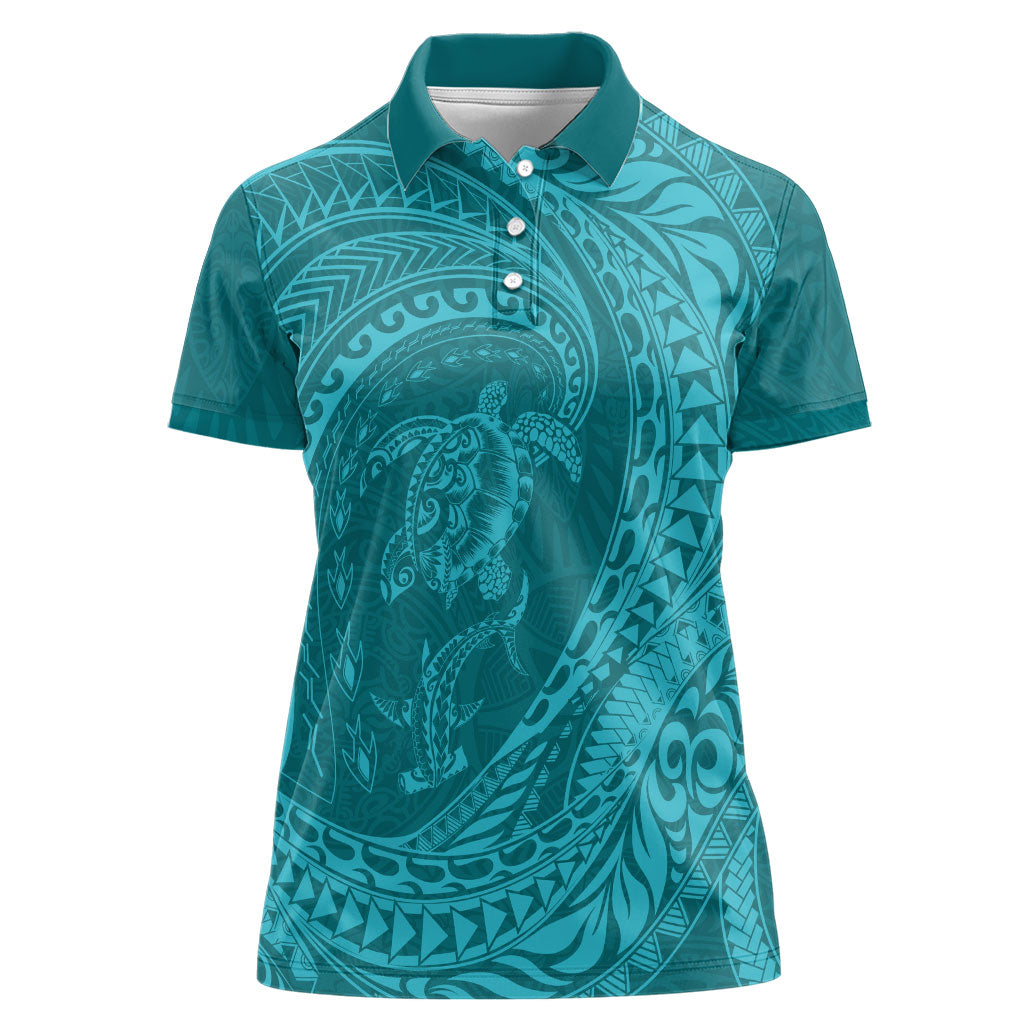 Hawaiian Turtle and Shark Women Polo Shirt Kakau Tribal with Polynesian Pattern Turquoise Color LT03 Female Turquoise - Polynesian Pride