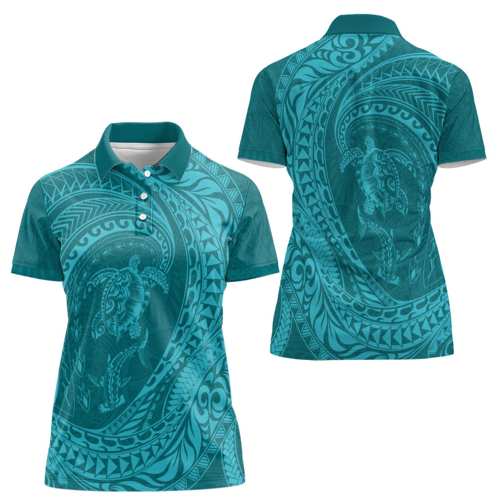 Hawaiian Turtle and Shark Women Polo Shirt Kakau Tribal with Polynesian Pattern Turquoise Color LT03 - Polynesian Pride