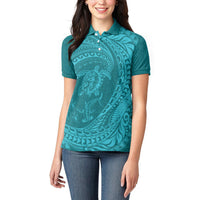 Hawaiian Turtle and Shark Women Polo Shirt Kakau Tribal with Polynesian Pattern Turquoise Color LT03 - Polynesian Pride