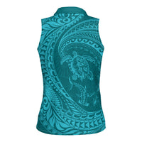 Hawaiian Turtle and Shark Women Sleeveless Polo Shirt Kakau Tribal with Polynesian Pattern Turquoise Color LT03 - Polynesian Pride