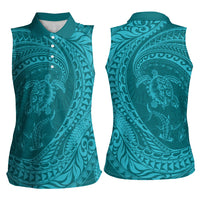 Hawaiian Turtle and Shark Women Sleeveless Polo Shirt Kakau Tribal with Polynesian Pattern Turquoise Color LT03 - Polynesian Pride