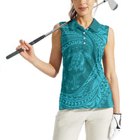 Hawaiian Turtle and Shark Women Sleeveless Polo Shirt Kakau Tribal with Polynesian Pattern Turquoise Color LT03 - Polynesian Pride